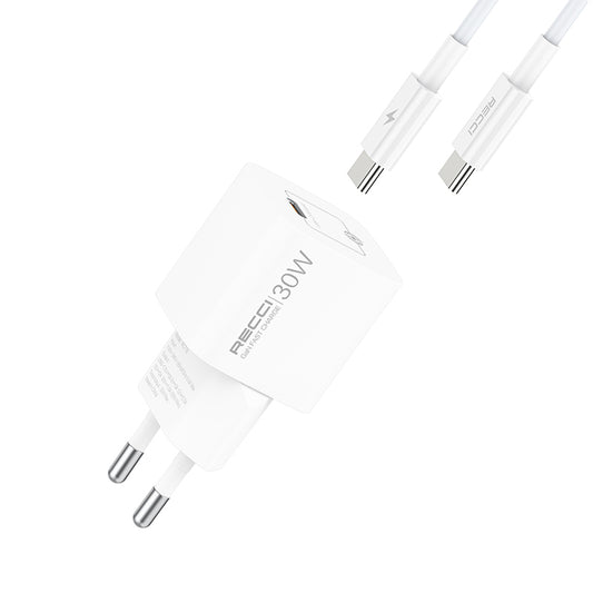 Recci RC77E GaN Technology Fast Charging Head Type-C to Type-C PD 30W Wired Charging Set White 