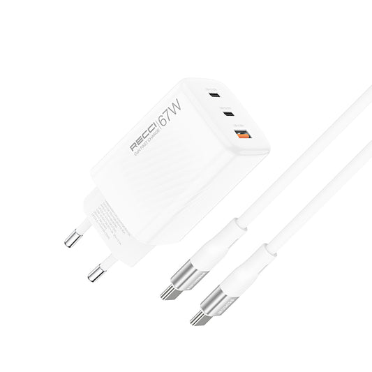 Recci RC85E GaN Technology Fast Charging Head USB-A to Type-C PD 67W Wired Charging Set White 