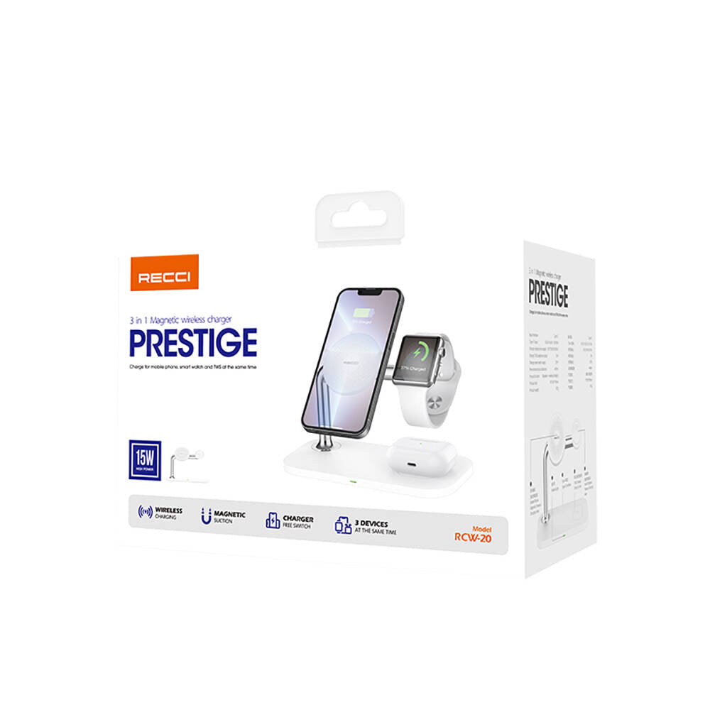 Recci RCW-20 Prestige Series 3in1 M-safe 15W Fast Charging Magnetic Wireless Charging Stand White 