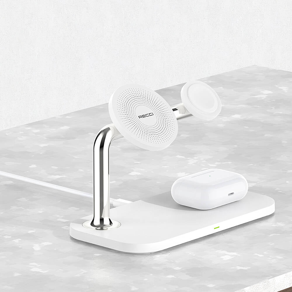 Recci RCW-20 Prestige Series 3in1 M-safe 15W Fast Charging Magnetic Wireless Charging Stand White 