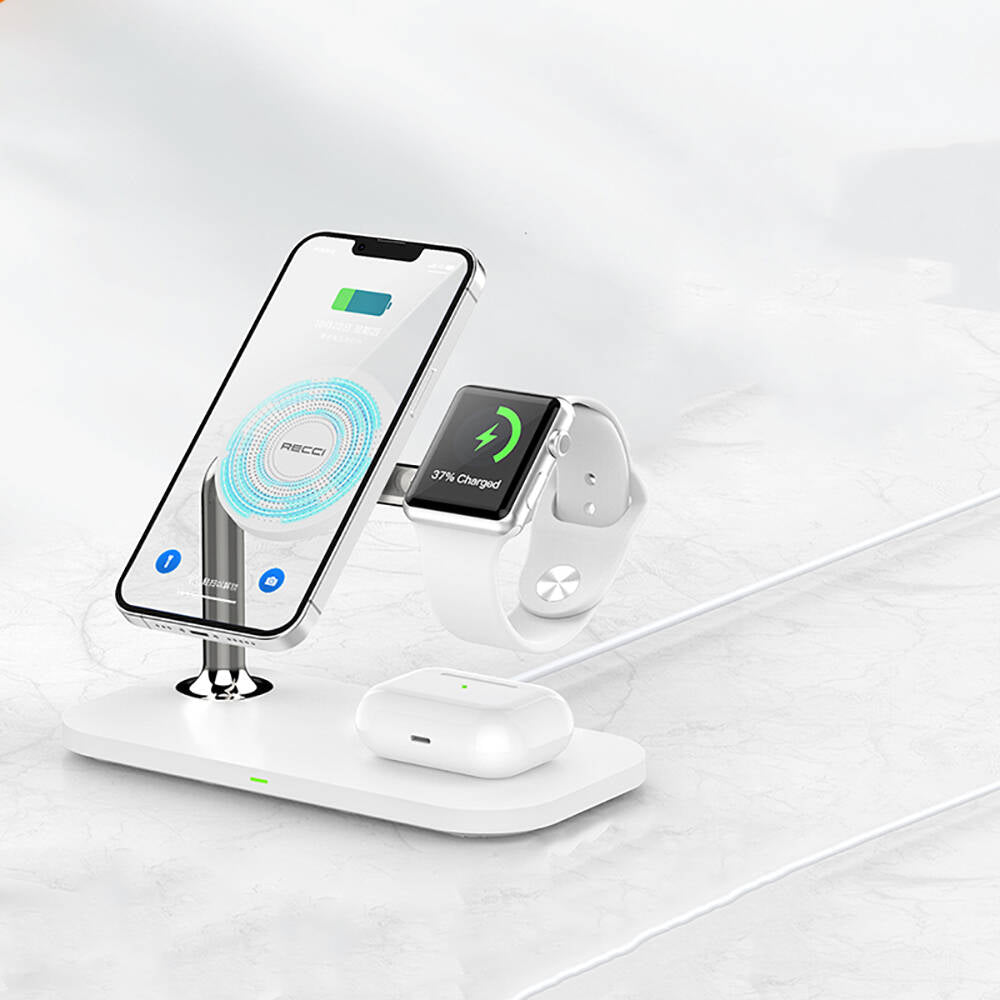 Recci RCW-20 Prestige Series 3in1 M-safe 15W Fast Charging Magnetic Wireless Charging Stand White 