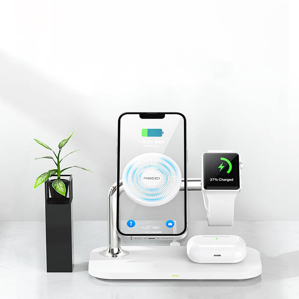 Recci RCW-20 Prestige Series 3in1 M-safe 15W Fast Charging Magnetic Wireless Charging Stand White 