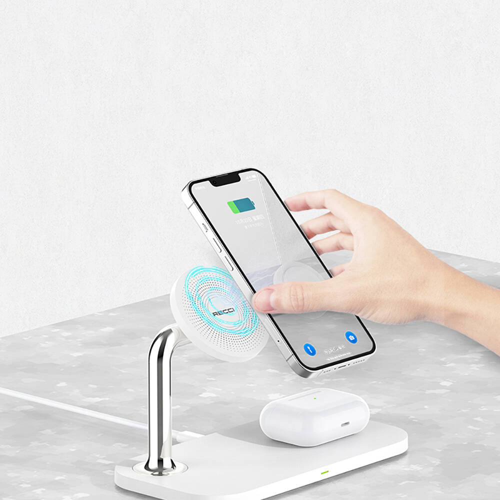 Recci RCW-20 Prestige Series 3in1 M-safe 15W Fast Charging Magnetic Wireless Charging Stand White 