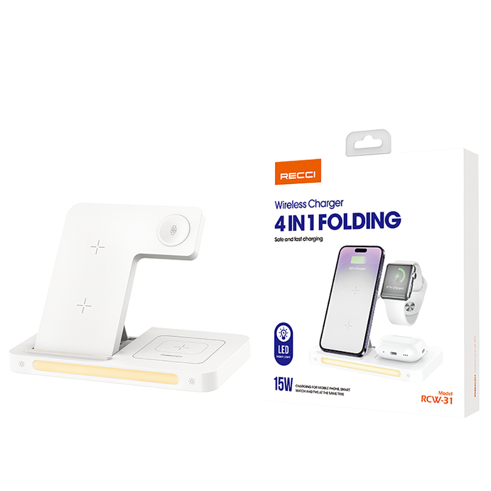 Recci RCW-31 4in1 M-safe 15W Fast Charging LED Light Magnetic Wireless Charging Stand White 