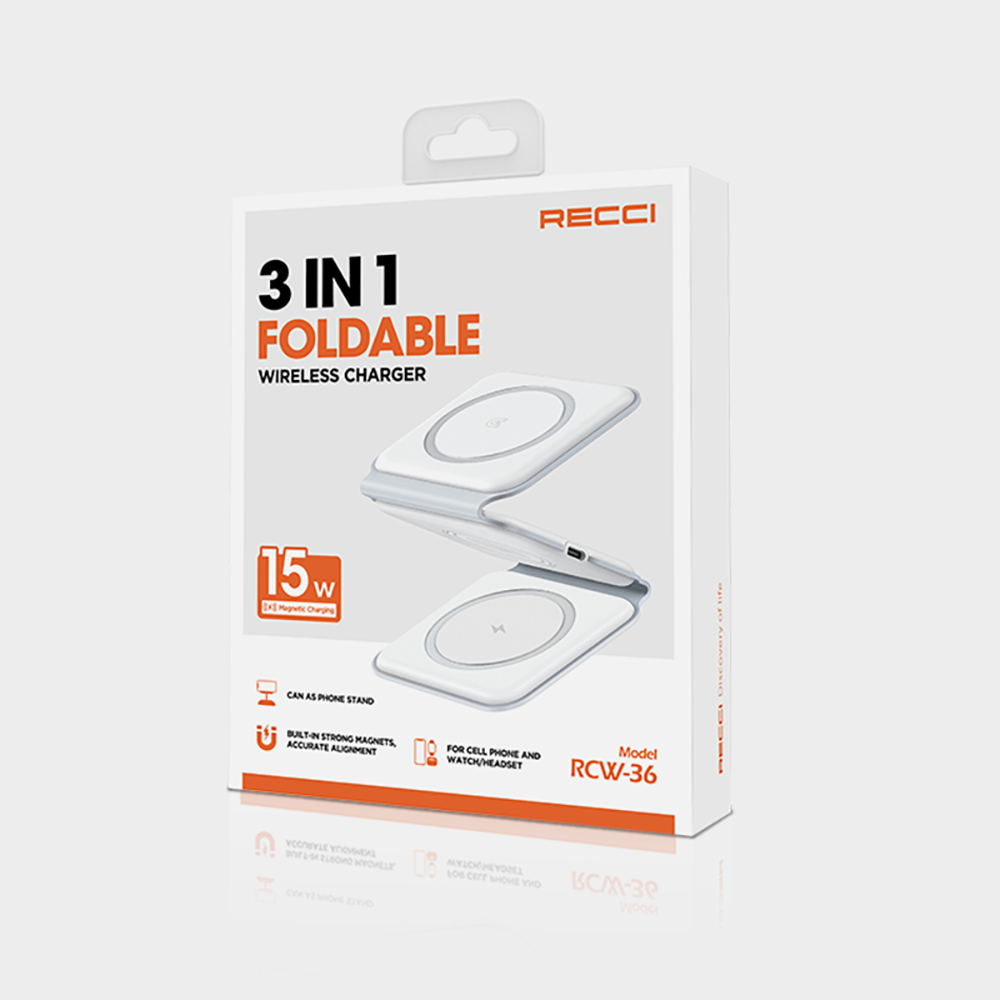 Recci RCW-36 3in1 Foldable Magnetic Wireless Charging Stand White 