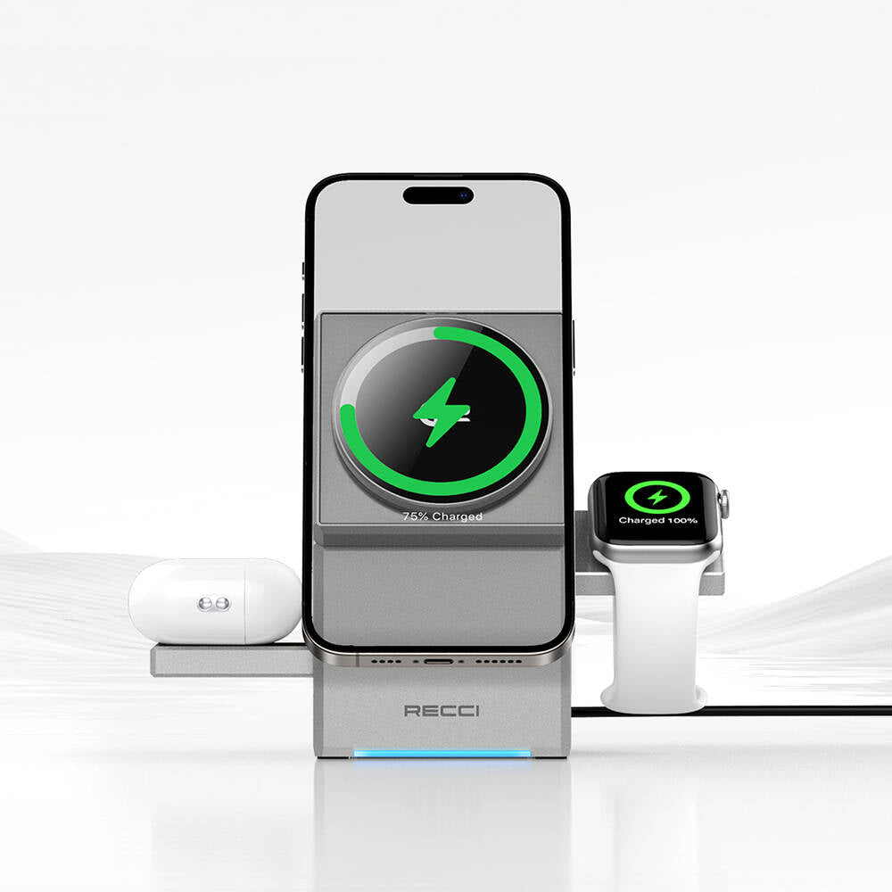 Recci RCW-47 Geometry Series Qi2 Charging Technology Rubik's Cube Ambient Light Phone &amp; Smartwatch &amp; Headphone 15W 3in1 Wireless Charging Stand Gray 