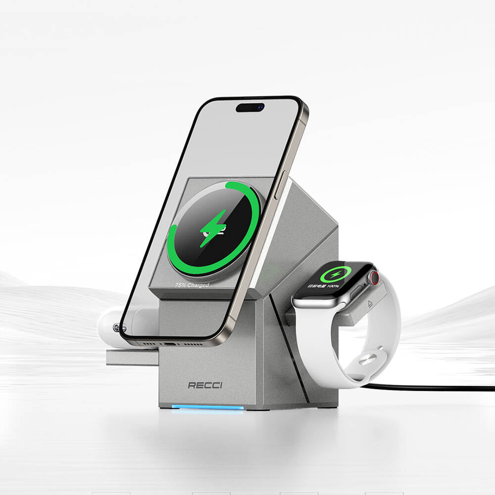 Recci RCW-47 Geometry Series Qi2 Charging Technology Rubik's Cube Ambient Light Phone &amp; Smartwatch &amp; Headphone 15W 3in1 Wireless Charging Stand Gray 