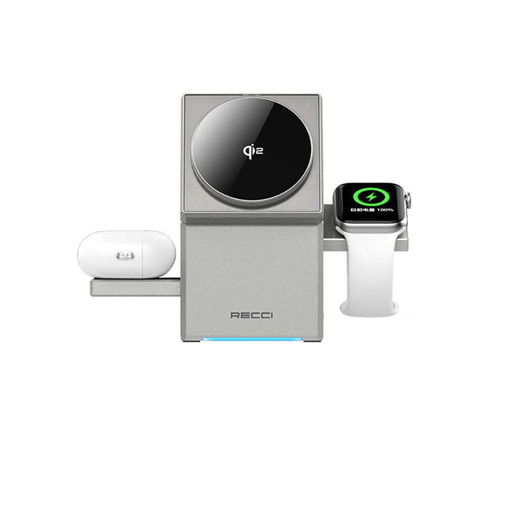 Recci RCW-47 Geometry Series Qi2 Charging Technology Rubik's Cube Ambient Light Phone &amp; Smartwatch &amp; Headphone 15W 3in1 Wireless Charging Stand Gray 