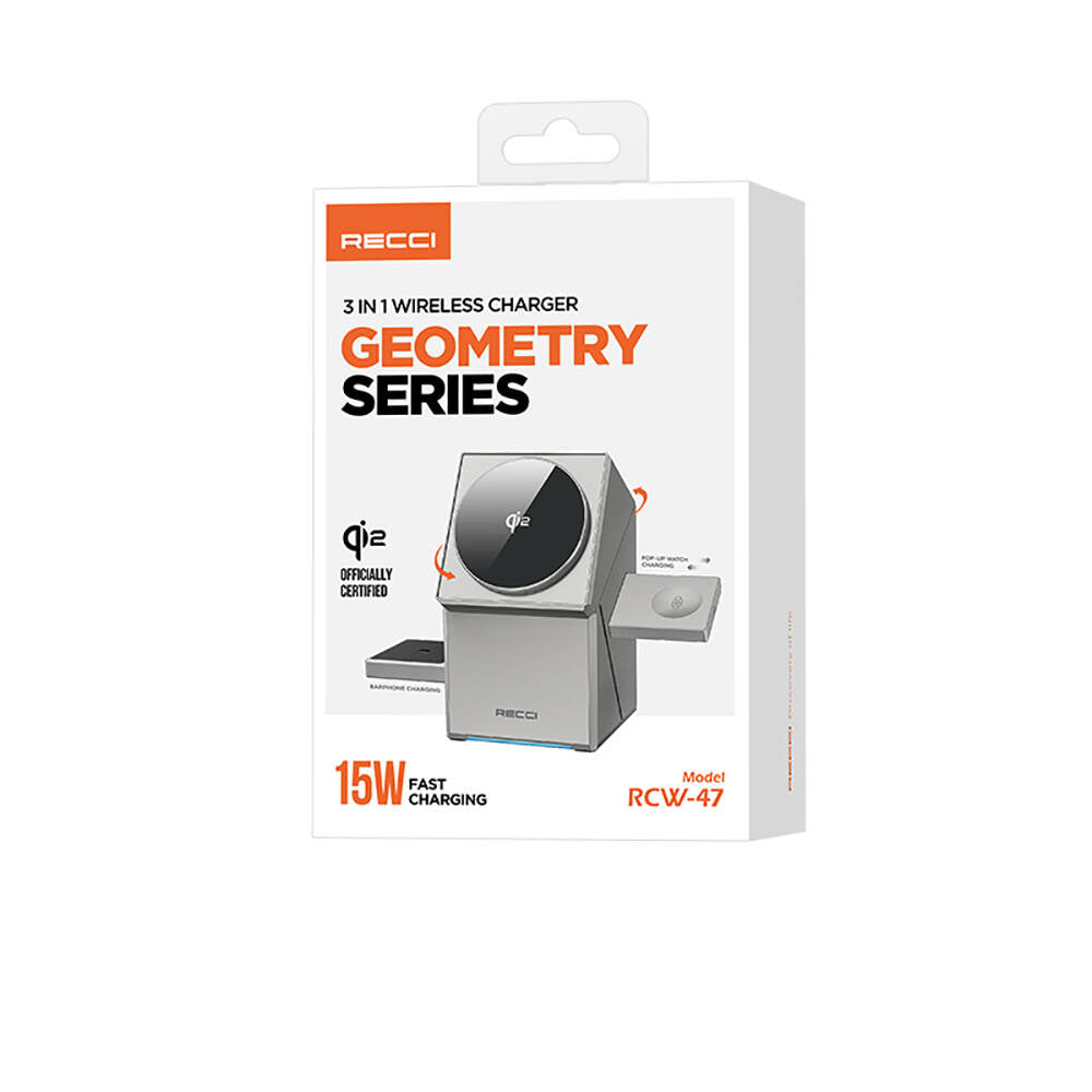 Recci RCW-47 Geometry Series Qi2 Charging Technology Rubik's Cube Ambient Light Phone &amp; Smartwatch &amp; Headphone 15W 3in1 Wireless Charging Stand Gray 