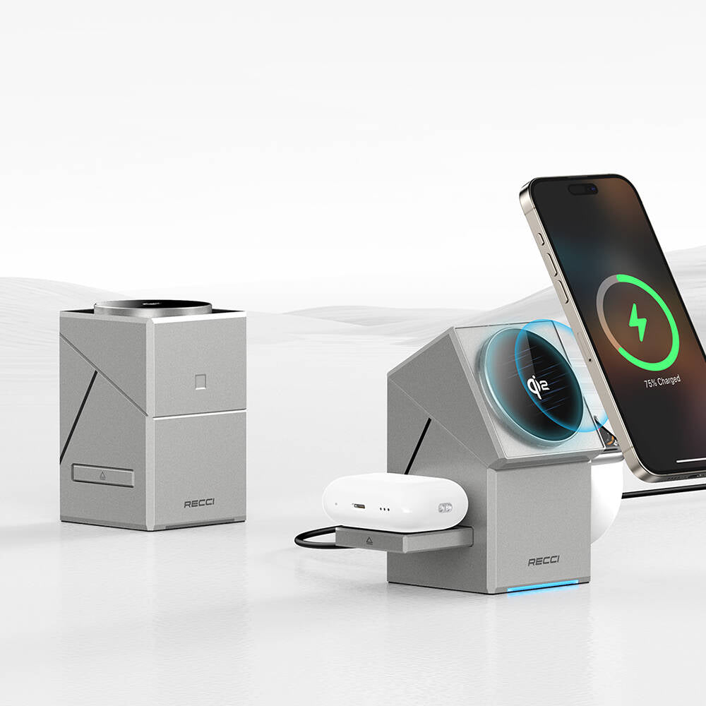Recci RCW-47 Geometry Series Qi2 Charging Technology Rubik's Cube Ambient Light Phone &amp; Smartwatch &amp; Headphone 15W 3in1 Wireless Charging Stand Gray 