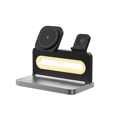 Recci RCW-49 Ambient Light Phone &amp; Smart Watch &amp; Headphone 15W 4in1 Wireless Charging Stand Black 