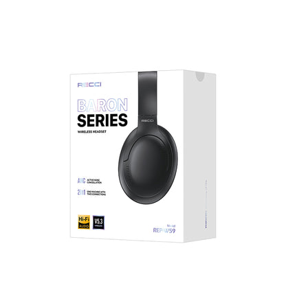 Recci REP-W59 Baron Serisi ANC Özellikli FM Destekli Ayarlanabilir Kulak Üstü Bluetooth Kulaklık Siyah