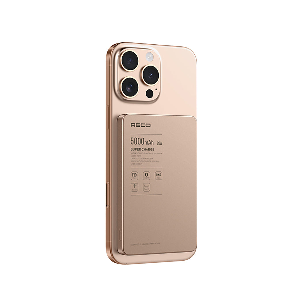 Recci RP33 PD 20W Ultra İnce Led Göstergeli Hızlı Şarj Özellikli Wireless Powerbank 15W 5000mAh Gold
