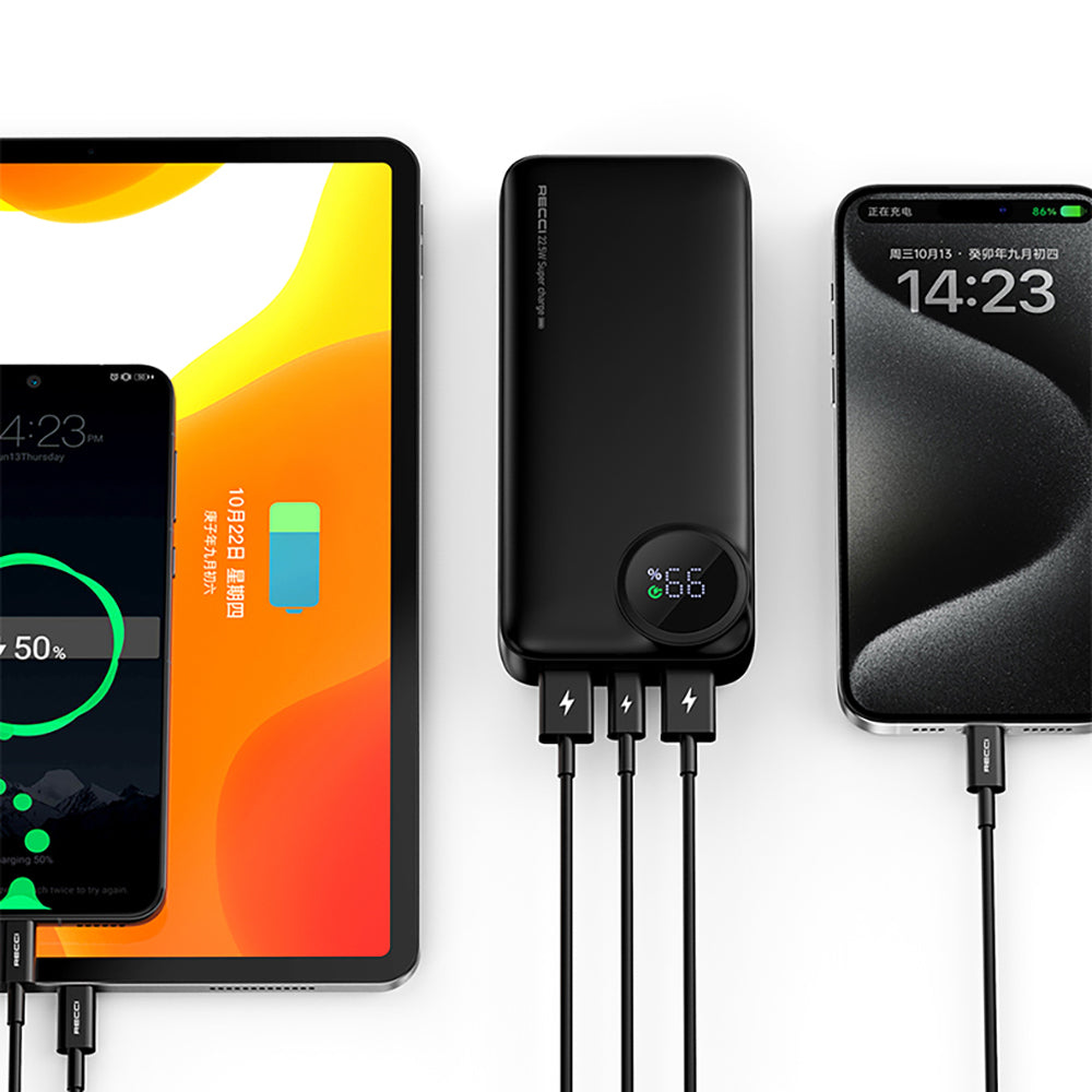 Recci RPB-P48 PD 20W Dijital LED Göstergeli Hızlı Şarj Özellikli Taşınabilir Powerbank 22.5W 10000mAh Siyah
