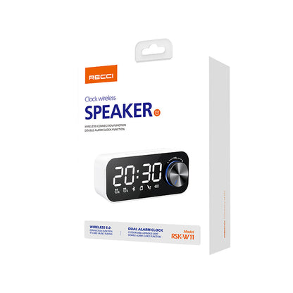 Recci RSK-W11 FM/TF Çift Alarmlı Dijital Saatli Wireless Bluetooth 5.0 Speaker Hoparlör 3W 1200mAh Beyaz