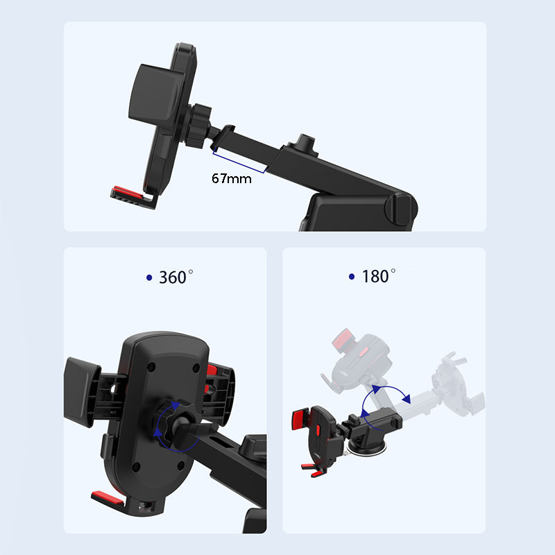 Recci RZ02 Automatic Mechanism Extendable Telescopic Suction Cup Design Car Phone Holder Black