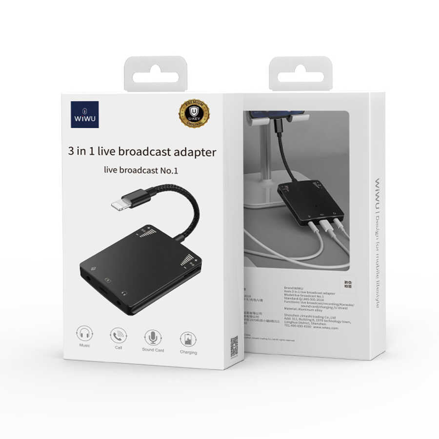 Wiwu 3 in 1 Live Broadcast Lightning Audio Adapter Black