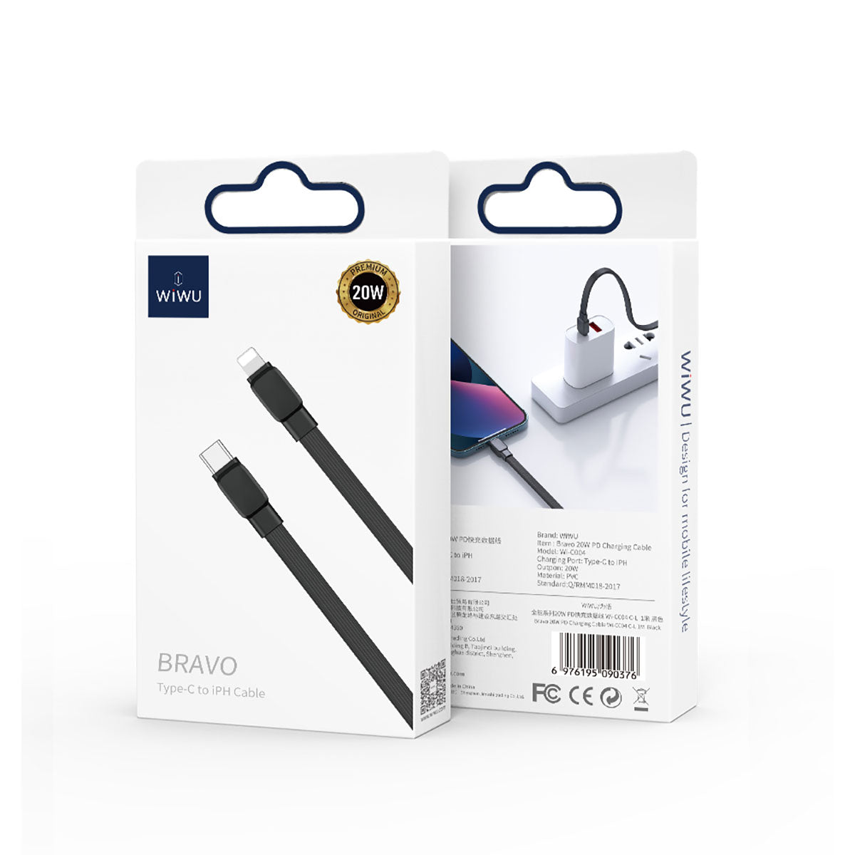 Wiwu Bravo Wİ-C004 Flat Design 20W Fast Charging Type-C to Lightning PD Cable 1M Black 