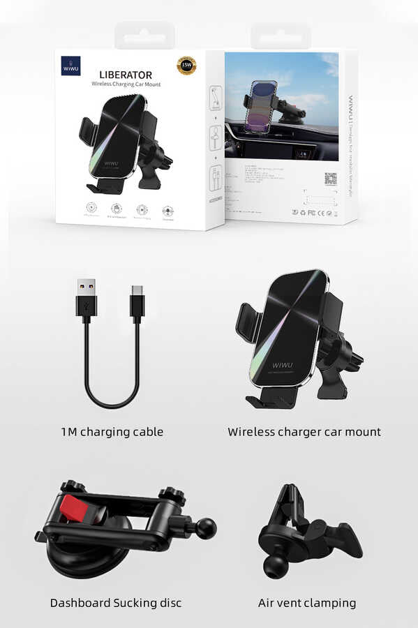 Wiwu CH-307 Liberator Wireless Charging Mount Car Phone Holder Black 