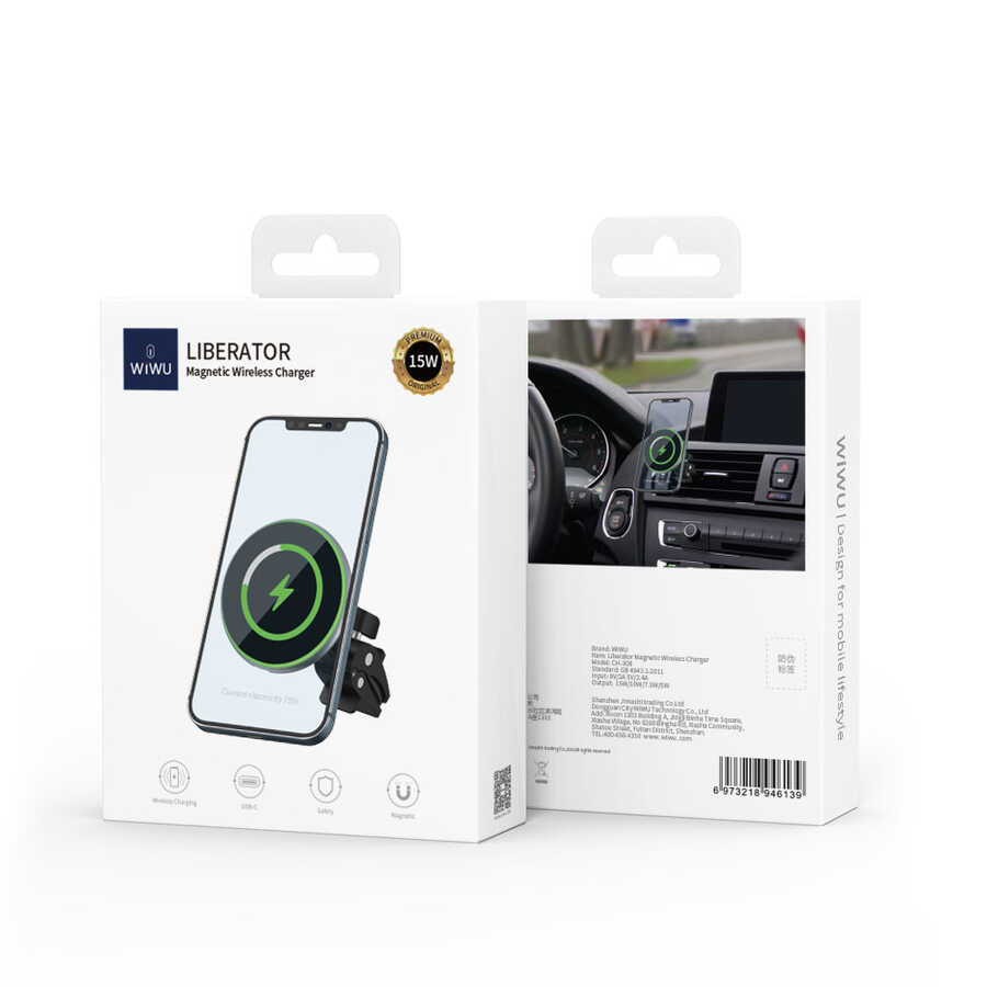 Wiwu CH-308 Magnetic Wireless Charging Car Mount Car Phone Holder Black 