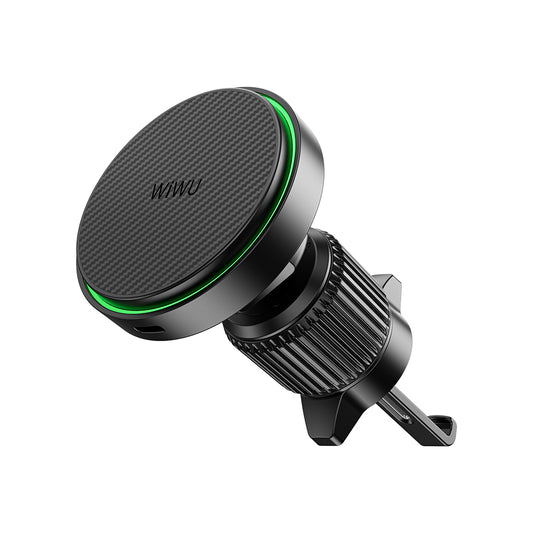 Wiwu CH-325 M-safe Şarj Özellikli Aramid Fiber Qi2 Teknolojili Havalandırma Tasarım Araç Telefon Tutucu 15W Siyah