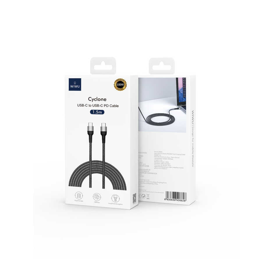 Wiwu Cyclone F15 Type-C to Type-C PD Data Cable 480Mbps 100W 1.5 meters Gray 