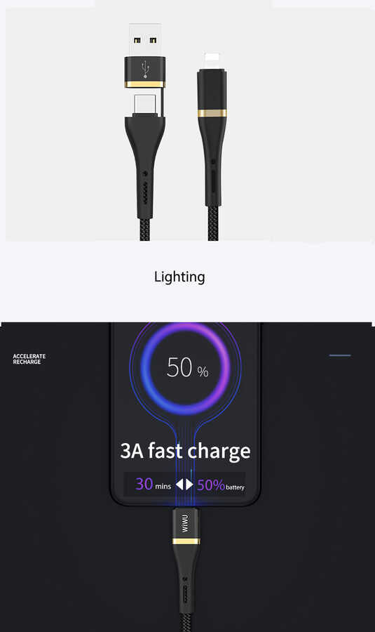 Wiwu ED-105 2 in 1 USB A- Type-C to Lightning Elite Data Cable Black 