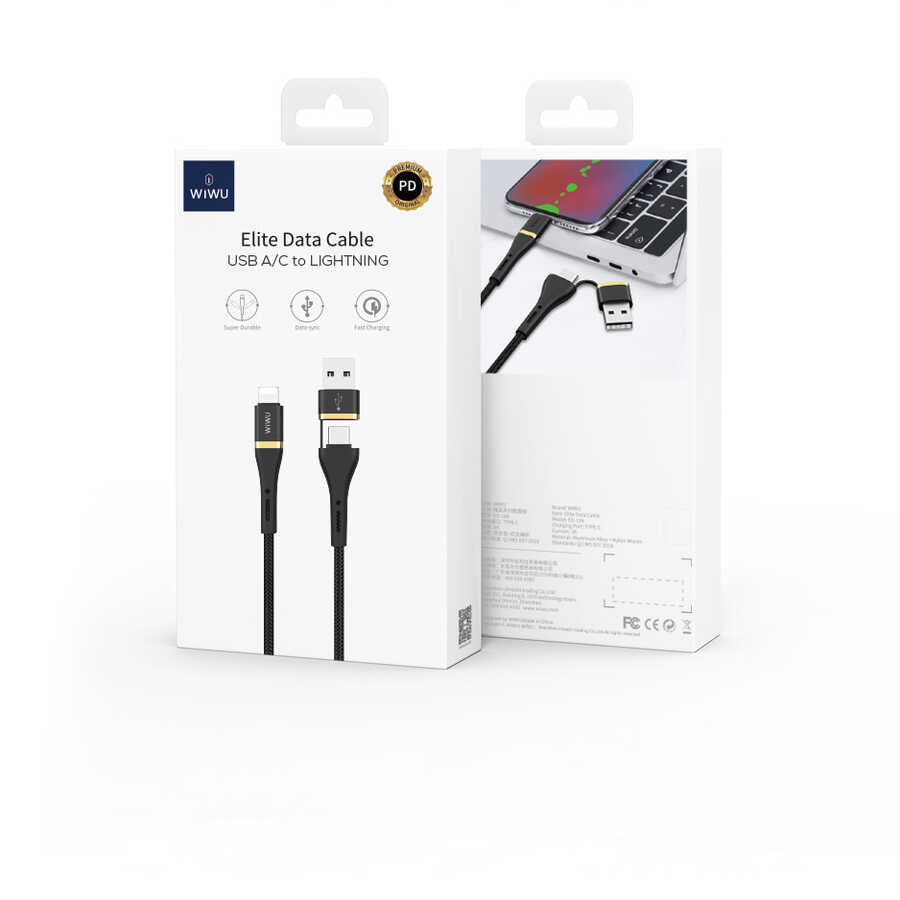Wiwu ED-105 2 in 1 USB A- Type-C to Lightning Elite Data Cable Black 