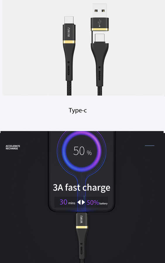 Wiwu ED-106 2 in 1 USB A- Type-C to Type-C Elite Data Cable Black 