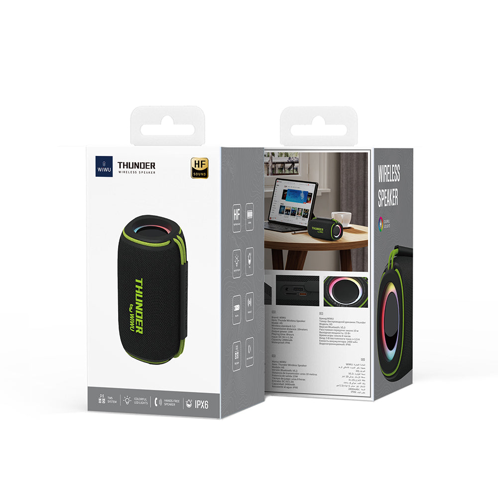 Wiwu H5 Su Geçirmez RGB Işıklı TWS Bluetooth Hoparlör v5.3 15W Siyah