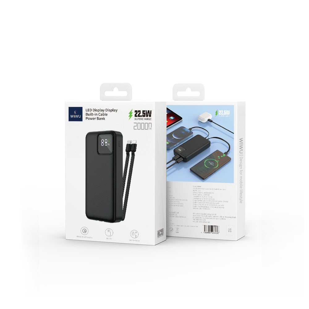 Wiwu JC-22 Dijital LED Ekran Şarj Göstergeli Type-C ve Lightning Kablolu Powerbank 22.5W 20000mAh Siyah