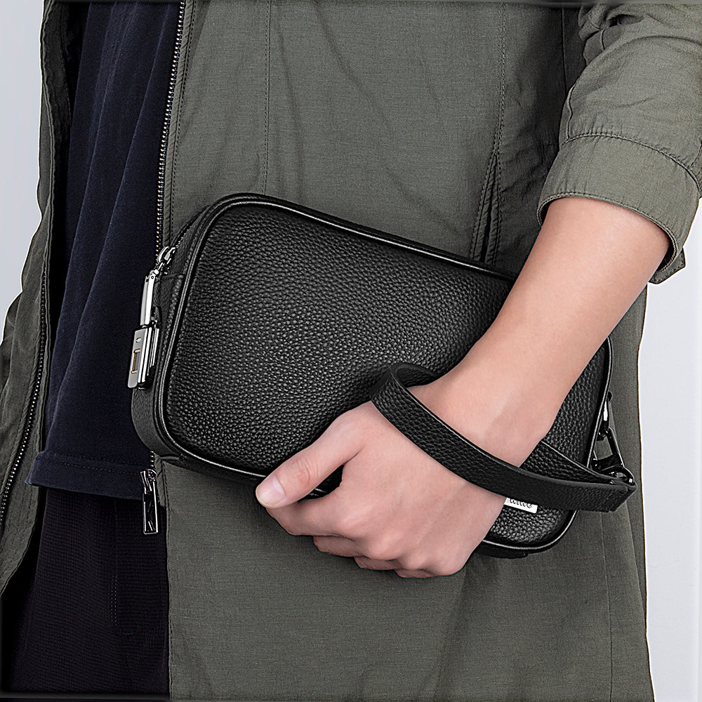 Wiwu Master Hakiki Deri Serisi Parmak İzi Kilitli Çok Fonksiyonlu Taşınabilir Mobil Aksesuar Çantası Siyah