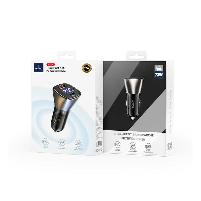 Wiwu PC500 72W PD QC3.0 Ultra Fast Charging Supported Digital Display Car Charger Head Black