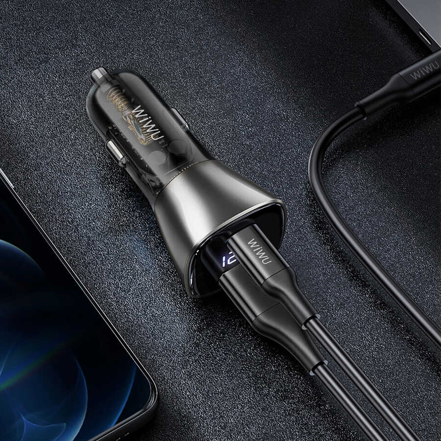 Wiwu PC500 72W PD QC3.0 Ultra Fast Charging Supported Digital Display Car Charger Head Black