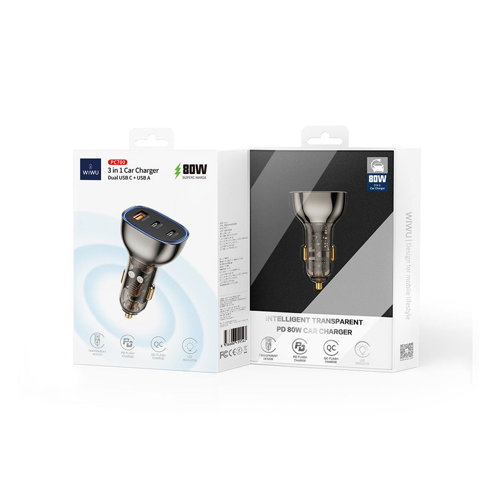 Wiwu PC700 Zhitou Series PD QC 3.0 Ultra Fast Charging Transparent Car Charger Head PD 30W Black 