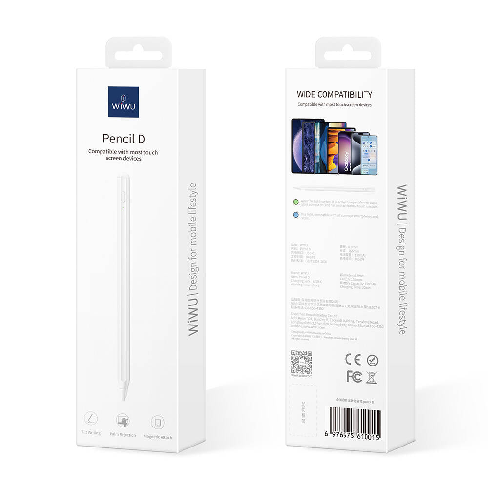 Wiwu Pencil D Aktif Kapasitif Basınçlı Universal Palm-Rejection Özellikli Dokunmatik Stylus Kalem Beyaz