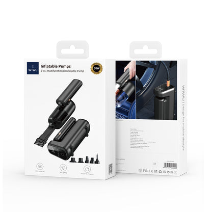 Wiwu Wi-Ai002 5in1 Oto Araç Lastik Şişirme Pompası - Oto Araç Süpürgesi - Vakum Makinesi - Fener Dijital Ekranlı Araç Hava Kompresörü Siyah