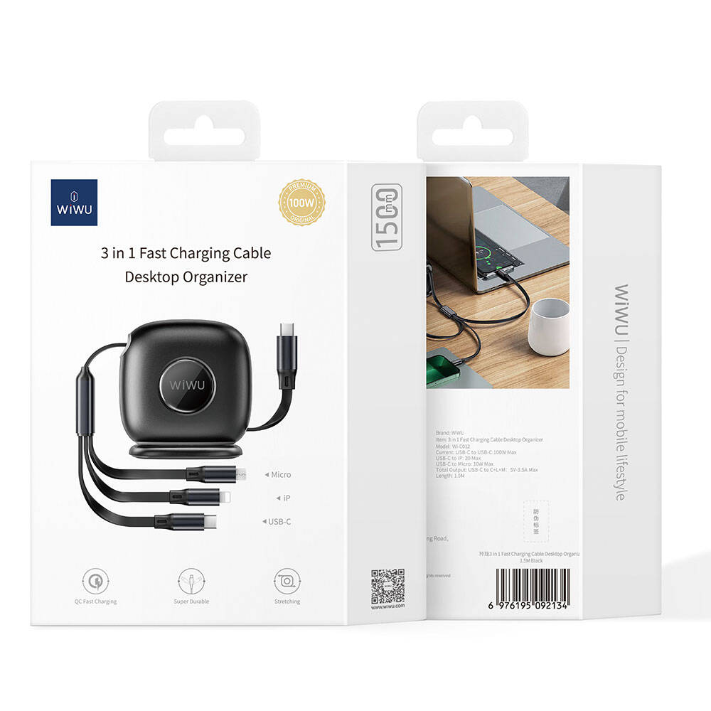 Wiwu Wi-C012 Desktop Organizer Type-C to C+L+M Fast Charging Cable 1.2M Black