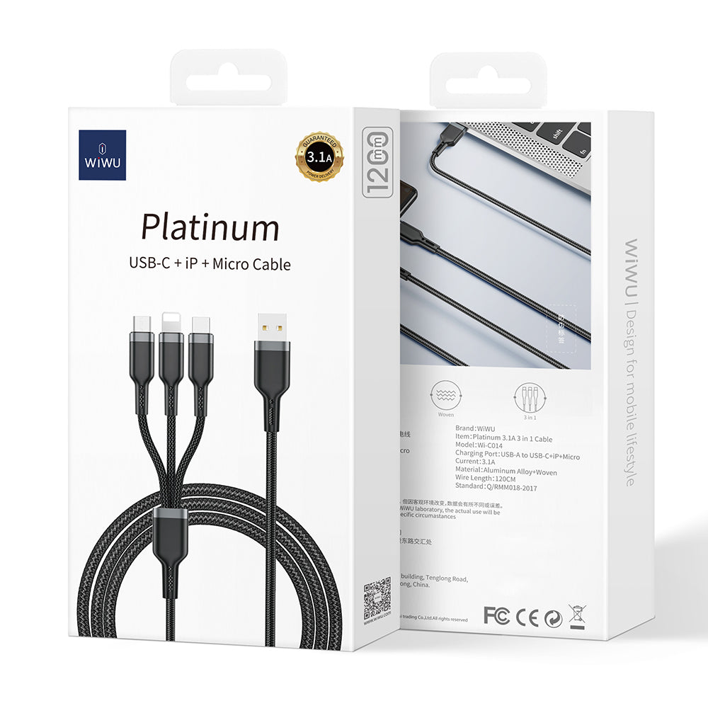 Wiwu Wi-C014 Platinum Series 3in1 USB-A to Lightning – Type-C – Micro Charging and Data Cable 3.1A 1.2m Black