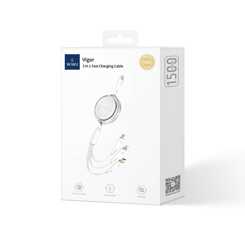 Wiwu Wi-C023 Vigor Series 3in1 Type-C Lightning Micro USB Reel Data and Charging Cable 100W 1.5M White 