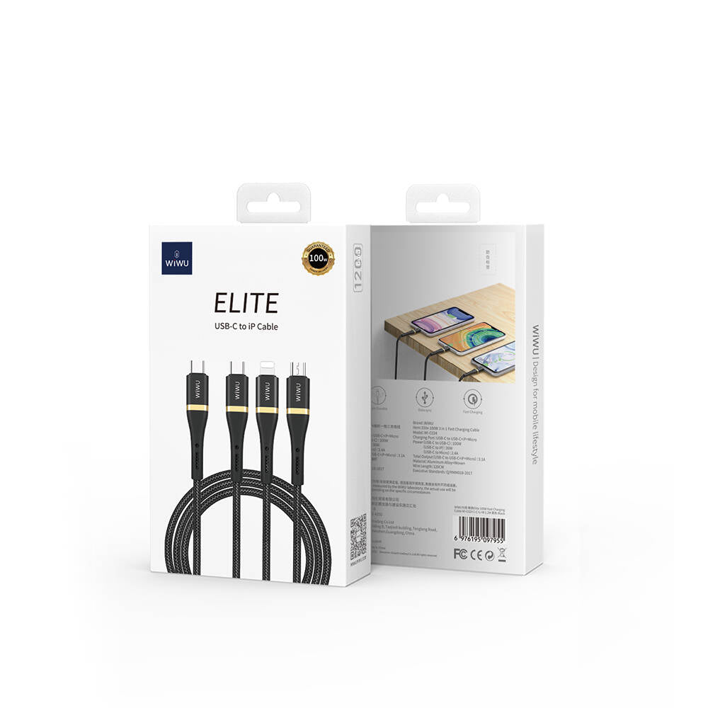 Wiwu Wi-C024 Elite Series 3in1 Type-C to Lightning – Type-C – Micro USB Ultra Fast Charging Cable 100W 1.2M Black 