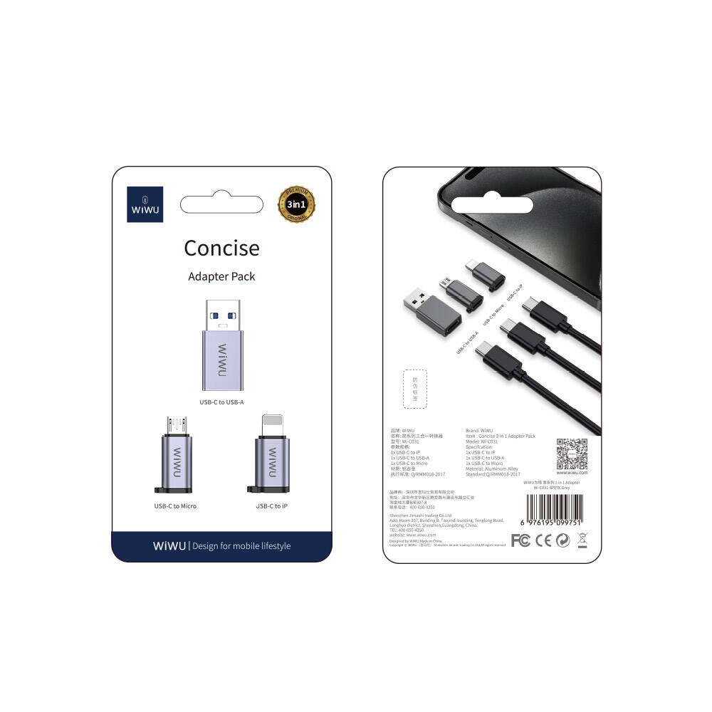 Wiwu Wi-C031 Concise Series 3in1 Type-C to USB-A/Micro USB/Lightning Adapter Pack Gray 