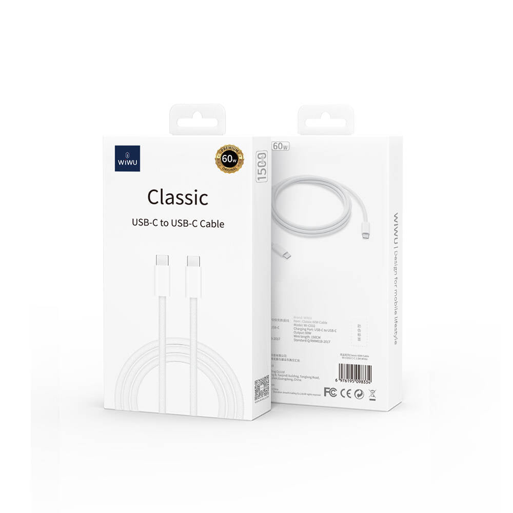 Wiwu Wi-C032 Classic Series 60W Fast Charging Type-C to Type-C Cable 1.5M White 