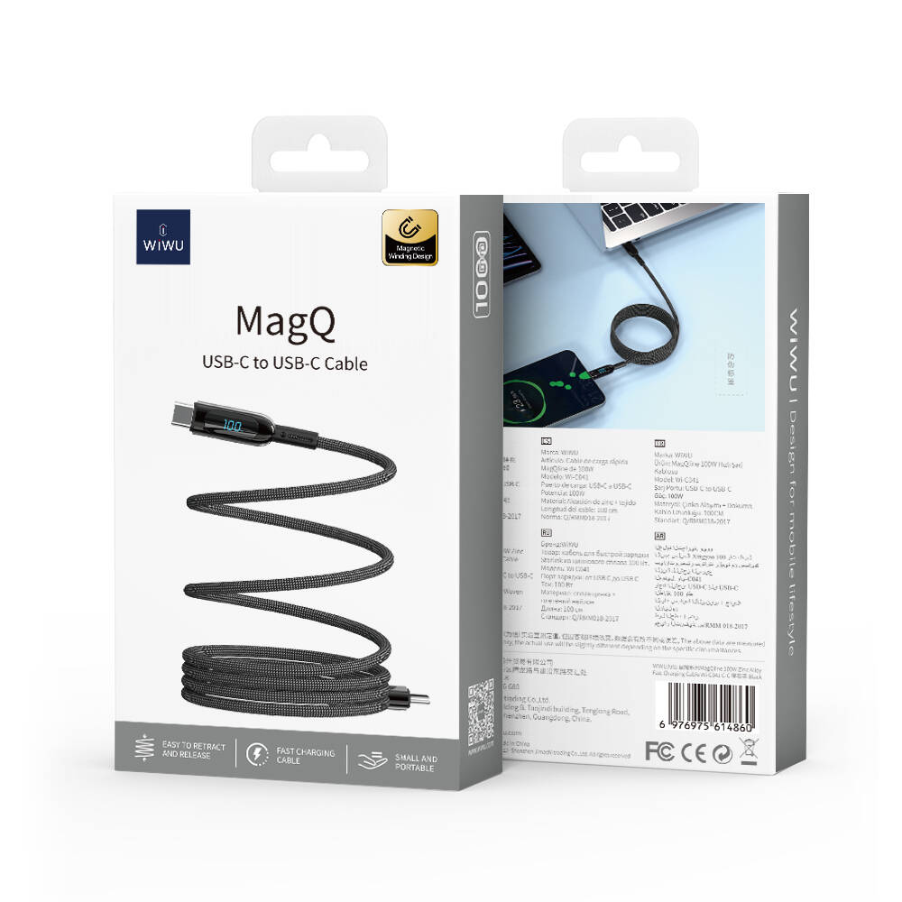 Wiwu Wi-C041 MagQ Çinko Alaşımlı Type-C to Type-C Hızlı Şarj Özellikli Data ve Şarj Kablosu 100W Siyah