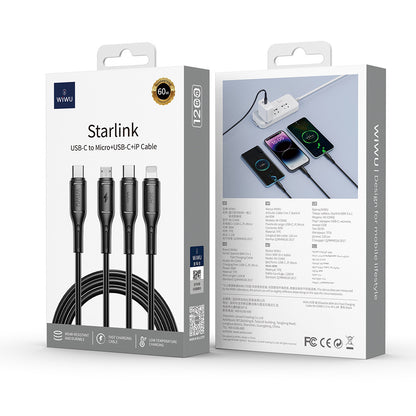 Wiwu Wi-C046E Starlink Serisi 3in1 USB-C to Lightning – Type-C – Micro Şarj ve Data Kablosu 60W 1.2M Beyaz