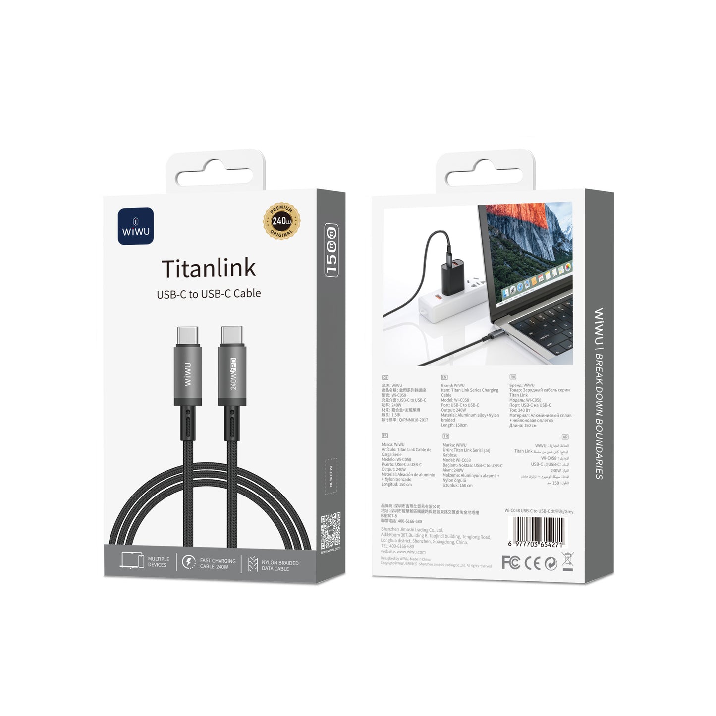 Wiwu Wi-C058 Titanlink Series Type-C to Type-C Fast Charging Data and Charging Cable 240W 1.5M Gray 