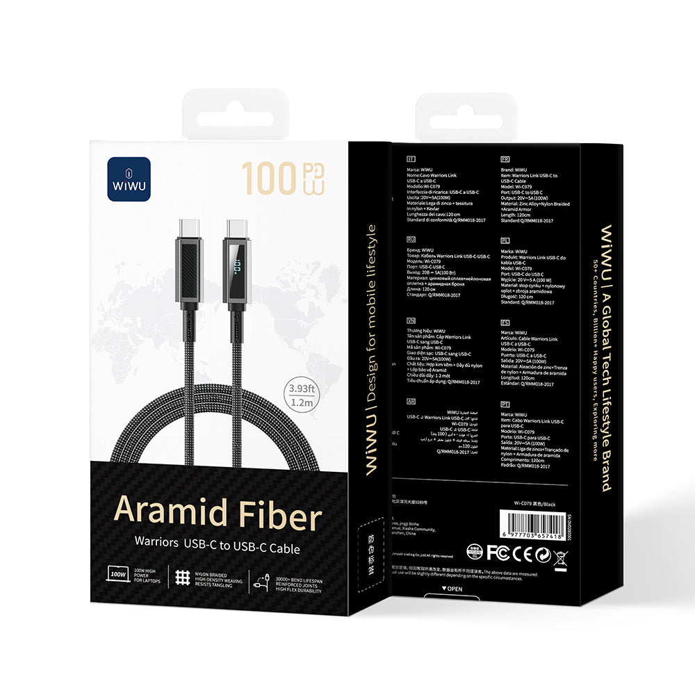 Wiwu Wi-C079 Warriors Series Aramid Fiber Digital LED Display Type-C to Type-C PD Data and Charging Cable 100W 1.2M Black 