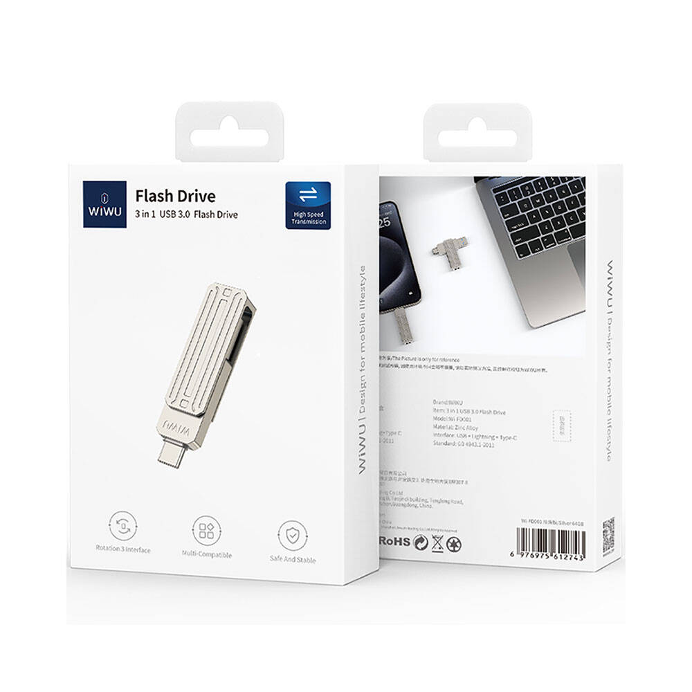 Wiwu Wi-FD001 3in1 USB3.2 Sürücü Disk USB-A + Lightning + Type-C OTG 128 GB Gümüş