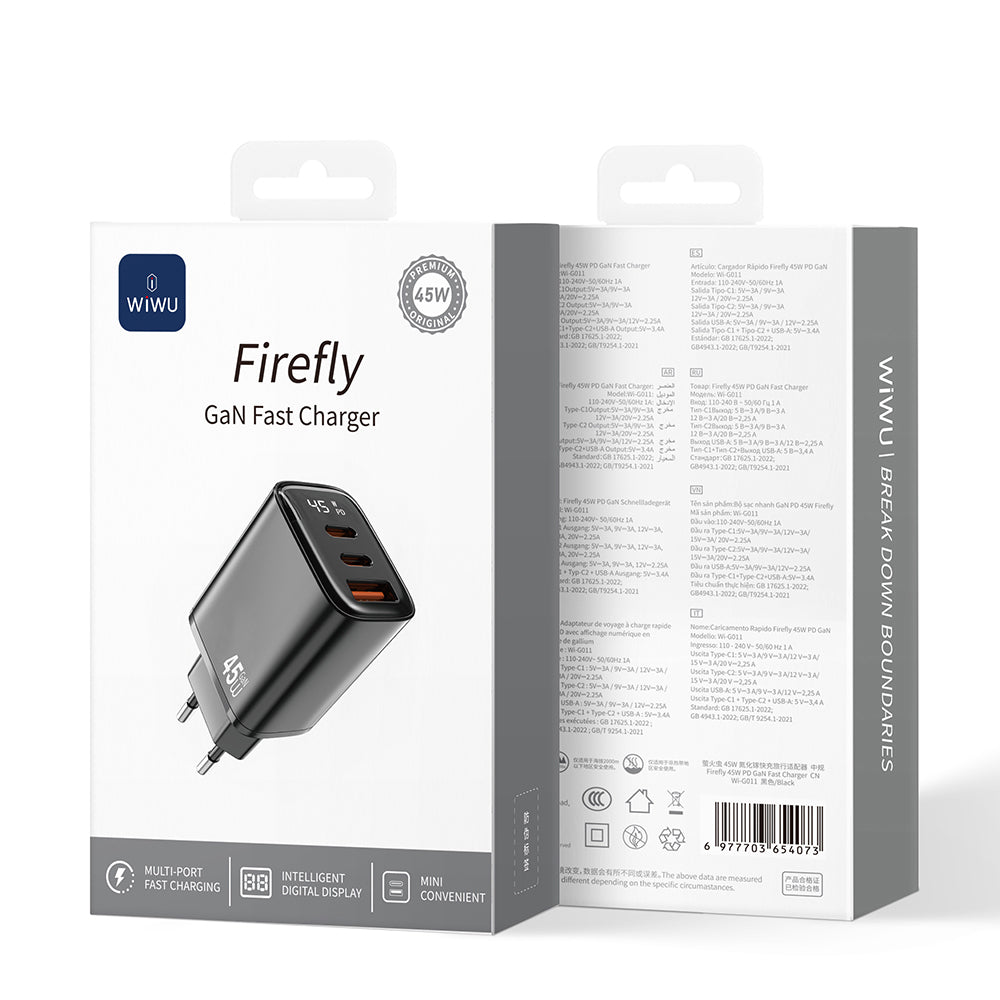 Wiwu Wi-G011 Firefly Serisi GaN Tech PD Hızlı Şarj Özellikli Şarj Başlığı 45W Siyah