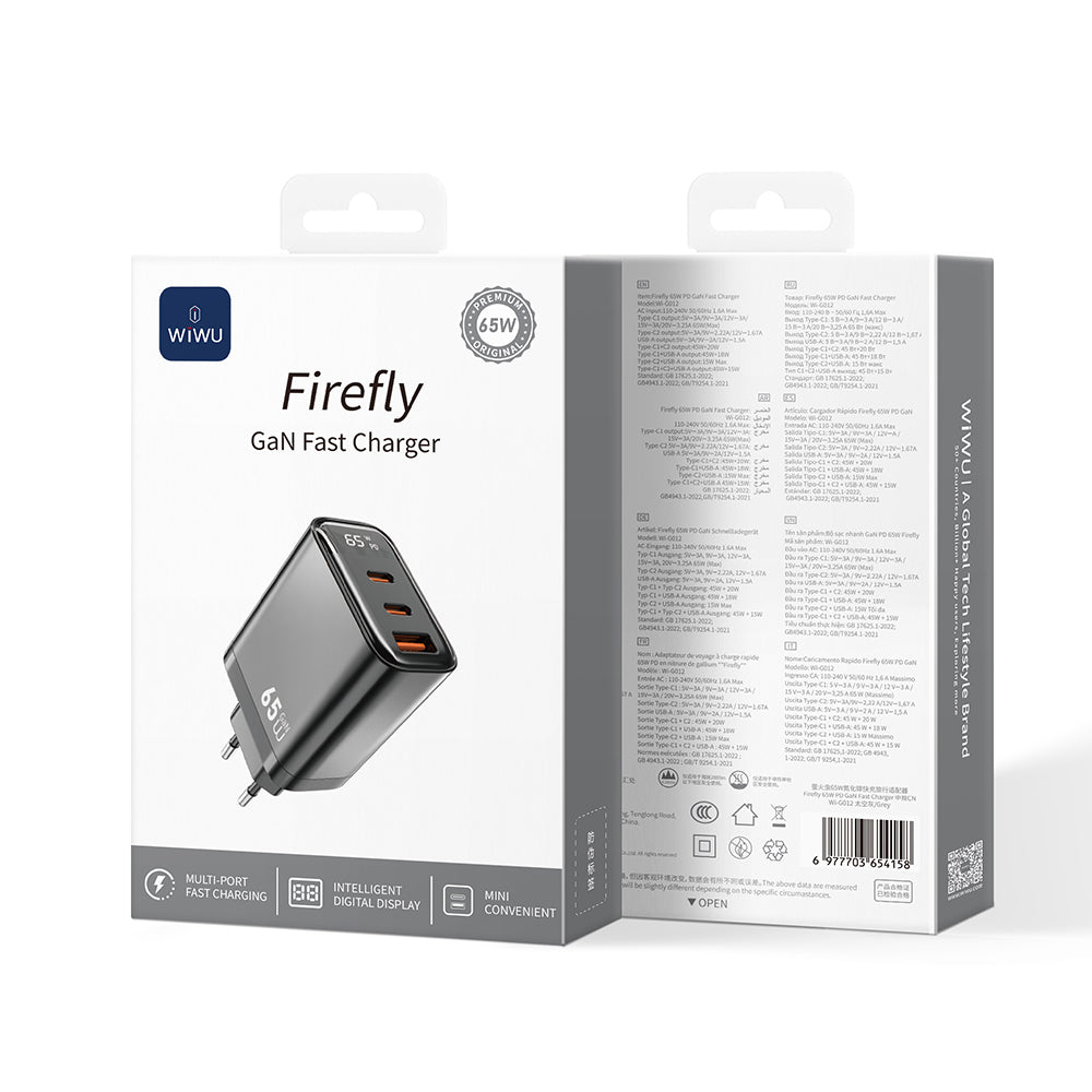 Wiwu Wi-G012 Firefly Series Dual Type-C PD &amp; USB-A GaN Technology Fast Charging Head 65W Black 